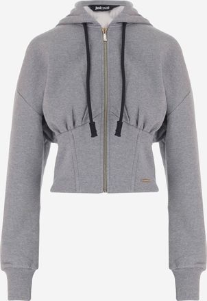 Just Cavalli Medium-Gray Cotton Sweatshirt with Zip Closure and Gathered Waist Detail