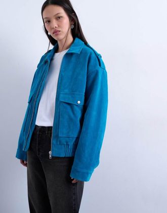 Topshop Giacca bomber trapuntata in camoscio sintetico foderato blu acceso con bottoni a pressione-Marrone
