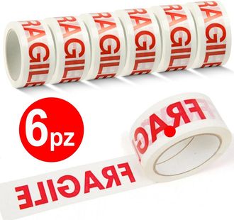 Trade Shop Trade Shop - 6 Nastro Adesivo Per Imballaggio Chiusura Scatoli 48mm X 132mt Scritta Fragile