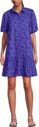Lands End Elbow Sleeve Eyelet Knee Length Shirt Dress in Crisp Purple Floral Eyelet at Nordstrom, Size X-Small