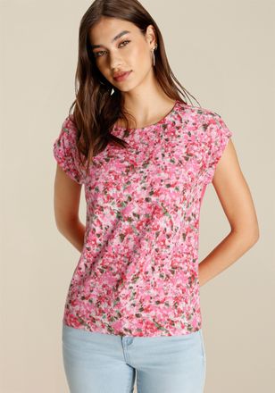 Tamaris T-Shirt TAMARIS, Damen, Gr. 34, pink, Single Jersey, Obermaterial: 95% Viskose, 5% Elasthan, figurumspielend h&uuml;ftbedeckend, Rundhals, angeschnitten, S