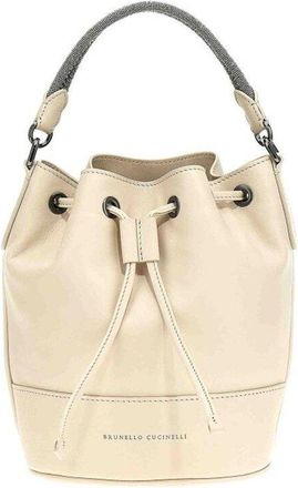 Brunello Cucinelli Womens Cream Leather Drawstring Bucket Bag