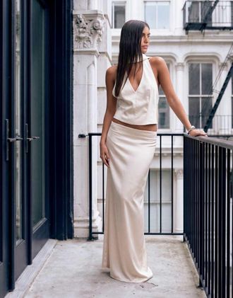 Lioness gonna lunga a colonna in raso Front Row in coordinato color crema-Neutro