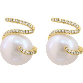 Effy 14K Yellow Gold Baroque Freshwater Pearl & Diamond Ribbon Stud Earrings in 14K Gold at Nordstrom