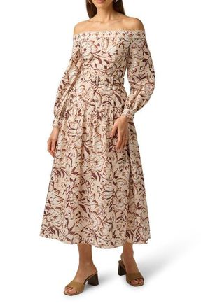 Adrianna Papell Floral Metallic Fleck Off the Shoulder Belted Cotton Dress in Ecru/Chocolate at Nordstrom, Size 14