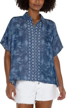 Liverpool L.A. Petite Collared Camp Shirt With Hi-low Hem Womens Clothing Indigo Floral : PXS, Denim/Lyocell