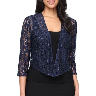 Alex Evenings Three-Quarter Sleeve Stretch Sequin Lace Coverup Jacket in Navy at Nordstrom, Size X-Large