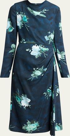 Erdem Floral Long-Sleeve Draped Midi Dress