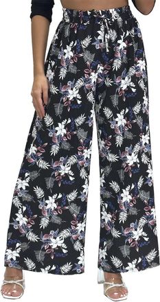 Generic Womens Floral Printed Pleated Relaxed Wide Leg Smart Casual Palazzo Trousers - Small-X/Large (as8, Alpha, l, x_l, Regular, Regular, Black)