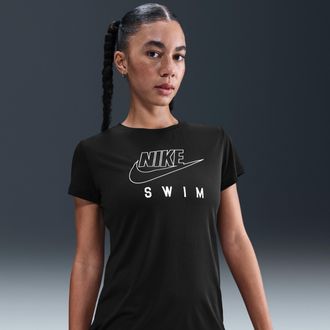 Nike Womens Swim Swoosh Hydroguard Short-Sleeve Top in Black | NESSF326-001