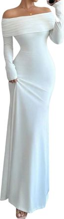 Generic Womens Long Sleeve Off The Shoulder Bodycon Dress, Twist Back Cutout & Fishtail Hem Evening Gown Cocktail Prom Dresses (White,S)