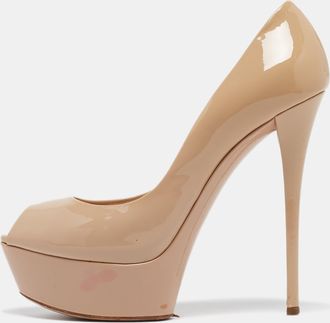 Casadei Beige Patent Leather Platform Peep Toe Pumps
