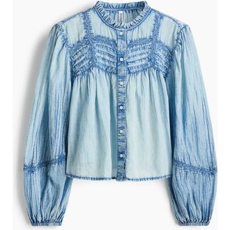 H&M Denim-look Cotton Blouse in Denim Blue at Nordstrom, Size X-Small