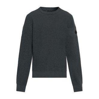 Moncler Round-neck Knitwear, male, Gray, Size: XL Logo Wool Sweater