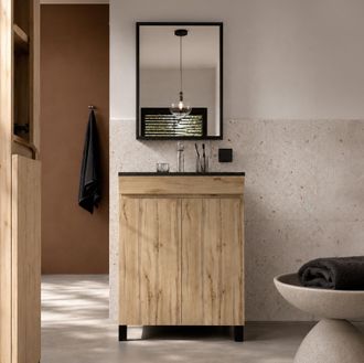 Aurlane Mueble De Ba&ntilde;o 50 Acabado Roble 2 Puertas Lavabo Negro Y Espejo 50x70cm