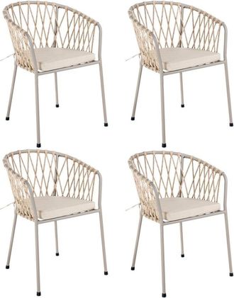 LOLAhome Pack de 4 sillas de jard&iacute;n de acero y cuerda con coj&iacute;n