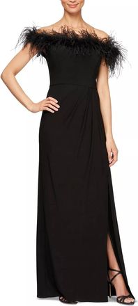 Alex Evenings Long Off-The-Shoulder Gown With Maribou Detail In Black