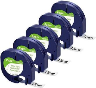 OEM Papel Para Cinta Compatible Con Dymo Letratag, 12 Mm X 4 M, Negro Sobre Blanco, Recambio Para Dymo Letratag Lt 100h, Lt 100t, Xr, Xm, Lt 110t, 5 Unida