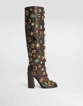 Dolce & Gabbana Calfskin Boots With Stone Embroidery - Woman Boots And Booties Multicolor 36