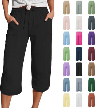 Generic Linen Trousers Womens Drawstring Elastic Waist Summer Lightweight 3/4 Trousers with Pockets Causal Loose Comfortable Fabric Sport Leisure Beach Hiking