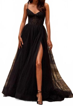 La Femme Illusion Lace Prom Gown In Black