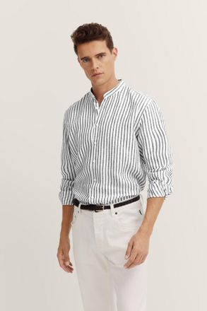 Bugatti Langarmhemd BUGATTI, Herren, Gr. XL, Normalgr&ouml;ssen, blau (390, marine), 100% Leinen, gestreift, normal, eckige 2-Knopf-Manschette, Hemden Langarmhemd,