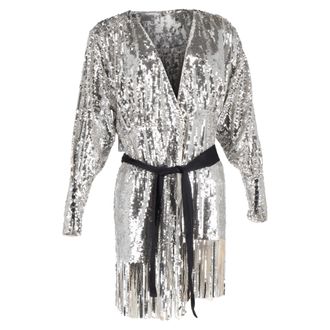 Rotate Samantha Sequined Mini Wrap Dress in Silver Polyester