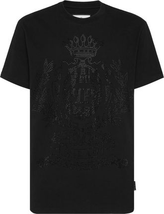 Philipp Plein Tops, Heren, Zwart, L, Katoen, Ronde Hals T-Shirt Stones Crest