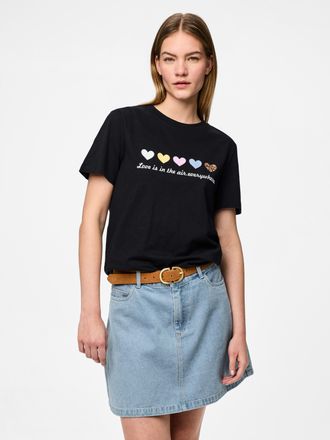 Pieces Kurzarmshirt PIECES PCMARIA SS O-NECK TEE BC MM JRS, Damen, Gr. XS, schwarz (schwarz print:multi hearts), Jersey, Obermaterial: 100% Baumwolle, bedruc