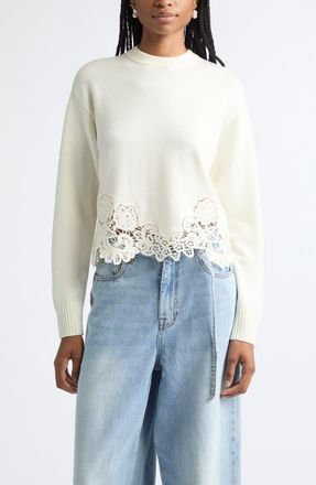 Zimmermann Valiant Lacy Trim Merino Wool Sweater in Cream at Nordstrom, Size 3