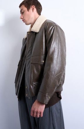 Topman Faux Shearling & Faux Leather Bomber Jacket in Brown at Nordstrom, Size Xx-Large