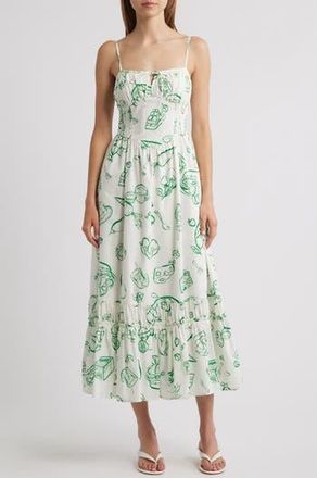 Moon River Tie Keyhole Cotton Midi Sundress in Green Multi at Nordstrom Rack, Size X-Small