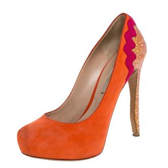 Nicholas Kirkwood Orange Suede And Coarse Glitter Heel Platform Pumps