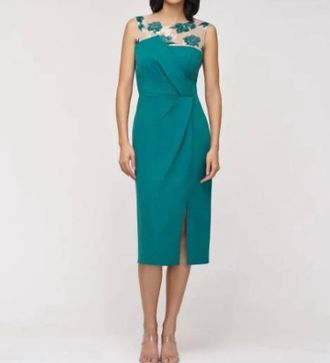 JS Collections Adelaide Illusion-Yoke Sheath Dress In Dark Green
