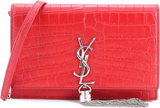 Saint Laurent Red Croc-Embossed Leather Classic Monogram Tassel Chain Wallet (Authentic Pre-Loved)
