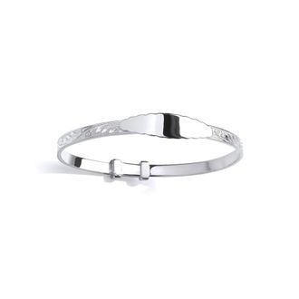 Jewelco London Silver Expanding Oval ID Plate Bangle Floral Design Engraving (55mm)