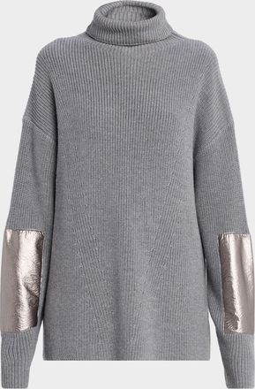 Sally Lapointe Metallic Leather-Patch Merino Wool Turtleneck Sweater