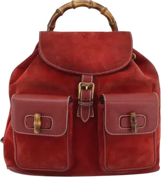 Gucci Vintage Bamboo Suede Red Suede Backpack Bag (Pre-Owned)