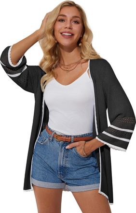 Grace Karin Womens Open Front Cardigan 3/4 Bell Sleeve Hollow Out Lightweight Corchet Boho Cardigan Black XL