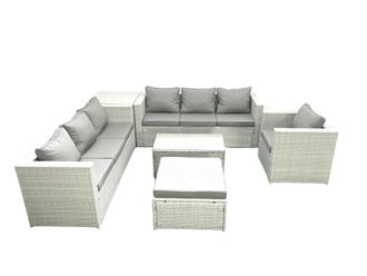 Fimous Wicker PE Rattan Sofa Garden Furniture Set with Armchair Oblong Coffee Table Big Footstool Side Table Light Grey Mixed