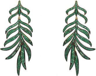 Latelita London Feathered Leaf Statement Drop Earrings Green Cz