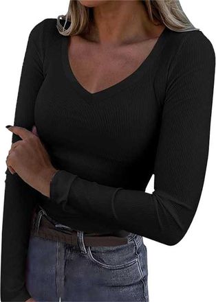 Generic Womens Regular Fit Basic Blouse Top 2025 Womens Long Sleeve V Neck Ribbed Knit Casual Tops Tee Slim Basic Shirt Base Layer Tee for Outdoor Workout Xma