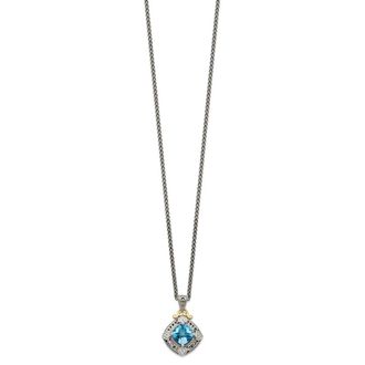 Diamond2Deal Sterling Silver with 14K Accent Diamond and Cushion Blue Topaz Pendant Necklace