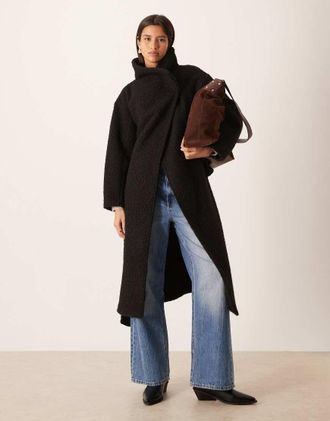 Gina Tricot Gina Tricot - Cappotto al polpaccio nero testurizzato con cintura