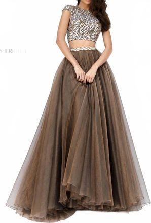Sherri Hill Two Piece Beaded Bodice Organza Ball Gown In Light Brown