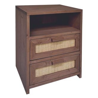 NATYAL Mesita de noche de madera y rafia natural 2 cajones tono oscuro 40cm