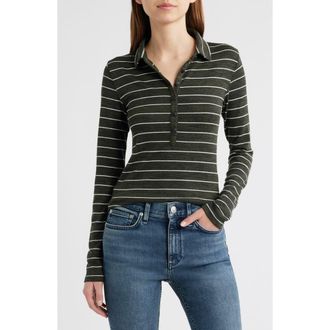Rag & Bone The Knit Stripe Long Sleeve Polo in Army Green Ivory at Nordstrom Rack, Size Medium