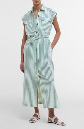 Barbour Abby Stripe Belted Cotton & Linen Shirtdress in Kelly Green White Stripe at Nordstrom, Size 6 Us