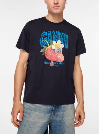 Ganni Mens Velvet strawberry logo T-shirt