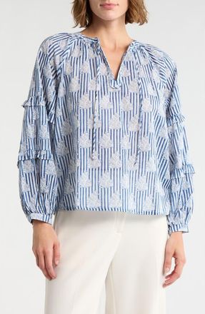 Elie Tahari Tie Keyhole Long Sleeve Top in Blue Stripe Bushes at Nordstrom Rack, Size X-Small